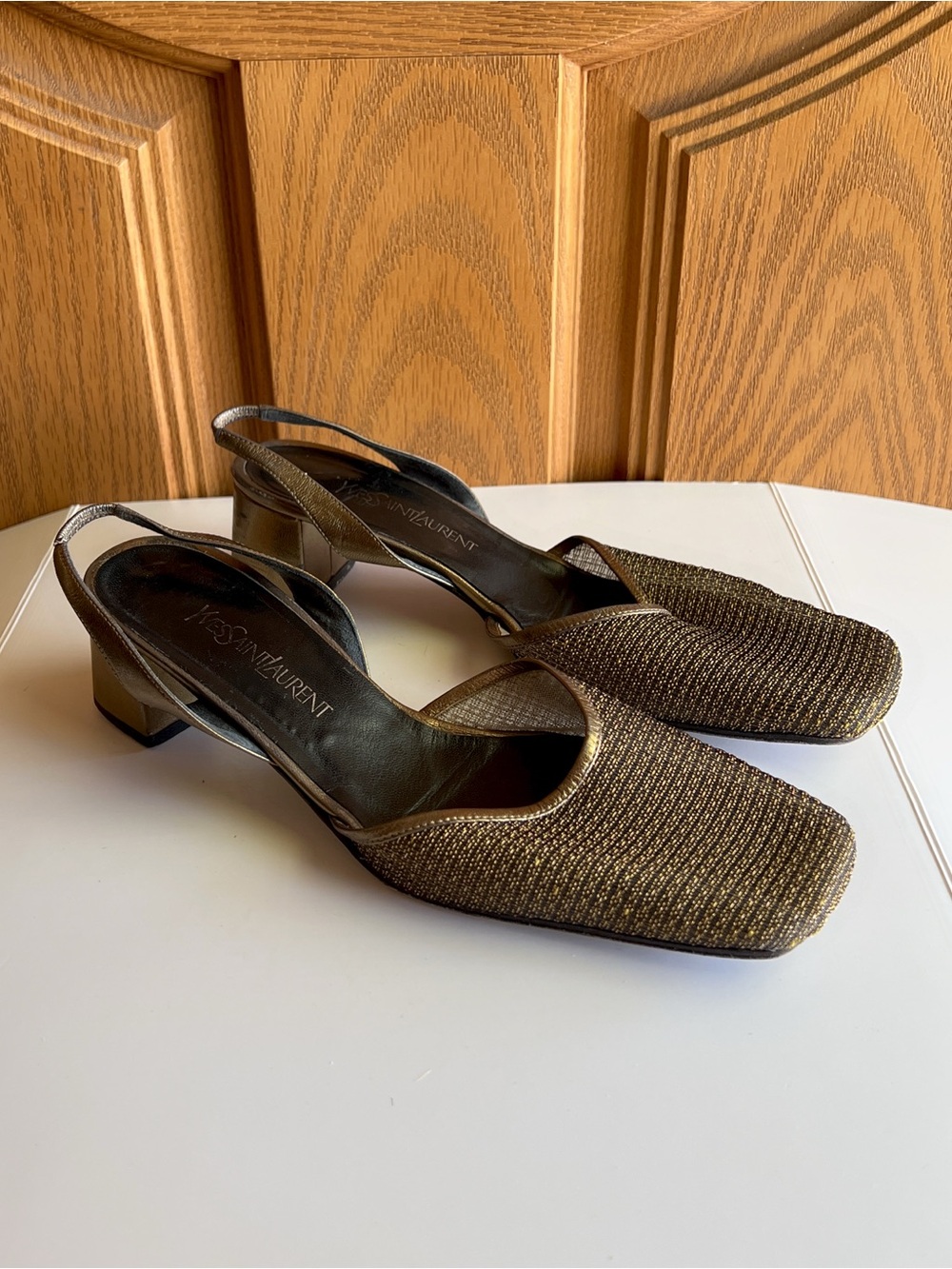 Vintage Yves Saint Laurent Mesh Slingback D'Orsay Block Heel Pumps Bronze 9.5M